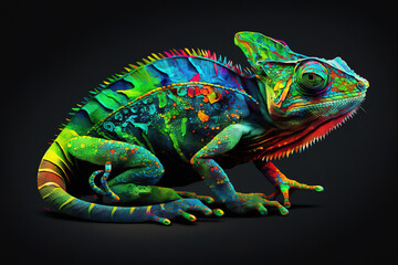 Obraz premium Image of a chameleon with beautiful bright colors on black background. Pet. Animals. Illustration. Generative AI.