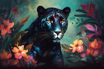 Image of black panther head in tropic flowers. Wildlife Animals. Illustration, generative AI.