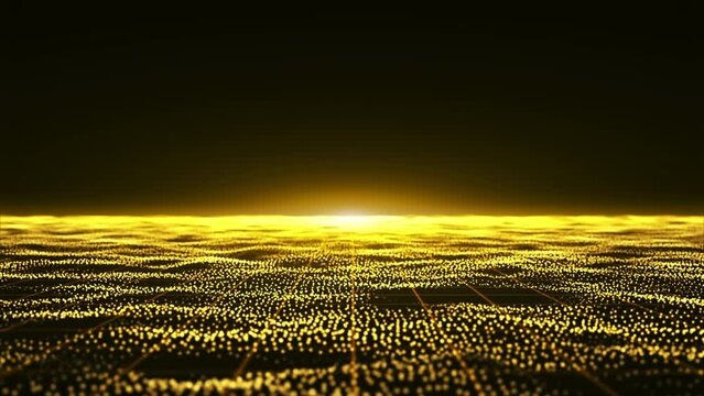 Golden particles grid floor ground stars dust perspective with flare abstract background. Futuristic glittering in space on black background.