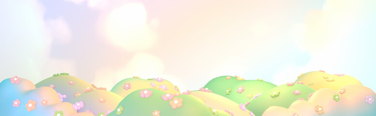 3d rendered cartoon mountain landscape with flowers.
