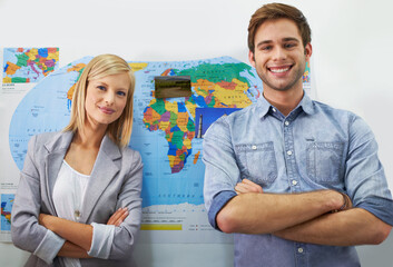 Travel agency portrait, arms crossed and happy business people, International agent or partner...