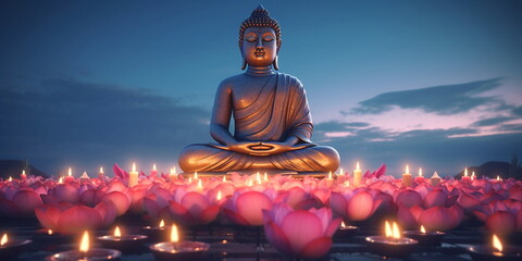 buddha sit in pink red exotic flowers garden ,candles light blurred background,generated ai