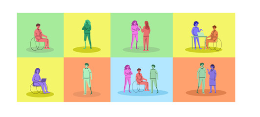 Big set of illustrations of people with disabilities. Inclusive workplace, diverse business. Disabled people in different situations