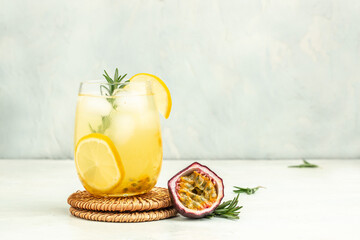 passion fruit drink, Tropical drink for summer party. on a light background, refreshing drink or beverage with ice, place for text