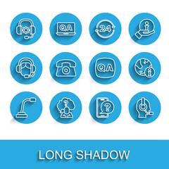 Set line Microphone, Head with question mark, Headphones, Telephone 24 hours support, Man headset, Information and Question and Answer icon. Vector