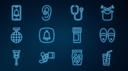 Set line Glass with water, Slippers, Stethoscope, Emergency phone call, Disco ball, Medicine bottle and pills and Hearing aid icon. Vector