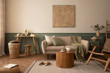 Cozy composition of living room interior with mock up poster frame, beige sofa, wooden coffee...