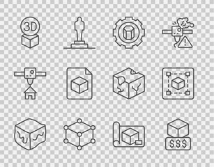Set line Isometric cube, 3D printer services, setting, file, Graphing paper for engineering and Geometric figure Cube icon. Vector