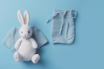 Obraz premium Beautifully decorated baby shower blue soft toy Bunny on blue background. Flat lay. Is a boy. Generated Ai