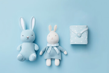 Beautifully decorated baby shower blue soft toy Bunny on blue background. Flat lay. Is a boy. Generated Ai