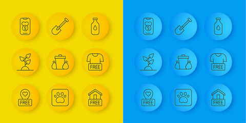 Set line Location with heart, Volunteer team planting trees, Trash can, Free home delivery, Clothes donation, Donation and charity, Bottle of water and Shovel icon. Vector