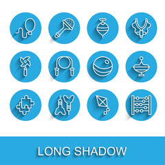 Set line Puzzle pieces toy, Dart arrow, Balloons, Kite, Abacus, Jump rope, Whirligig and Beach ball icon. Vector