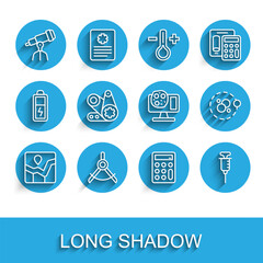 Set line Graph chart infographic, Drawing compass, Telescope, Calculator, Syringe, Timing belt kit, Atom and Genetic engineering icon. Vector