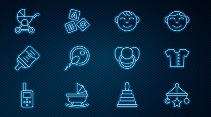 Set line Baby crib hanging toys, t-shirt, Little boy head, Sperm, bottle, stroller, dummy pacifier and ABC blocks icon. Vector