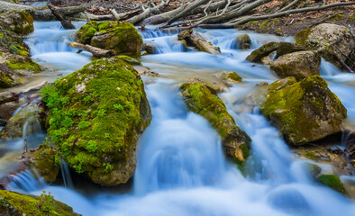 Fototapeta na wymiar small brook rushing in green mountain canyon, beautiful mountain river scene