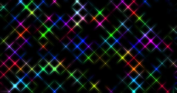 A square grid of multi-colored neon lines and crosshairs flaring up and slowly fading out. Abstract looping animation. 4K.
