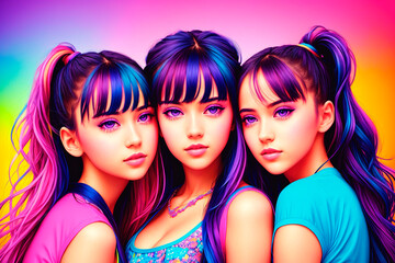 Fashionable portrait of a group of friends of beautiful young women with a bright hairstyle and makeup. Generative AI.