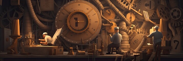 Fototapeta na wymiar illustration of workers fixing watches. Generative ai