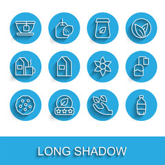 Set line Cookie or biscuit, Tea leaf, Cup with tea bag, in hand, Bottle of water, Paper package for milk, and Flower icon. Vector