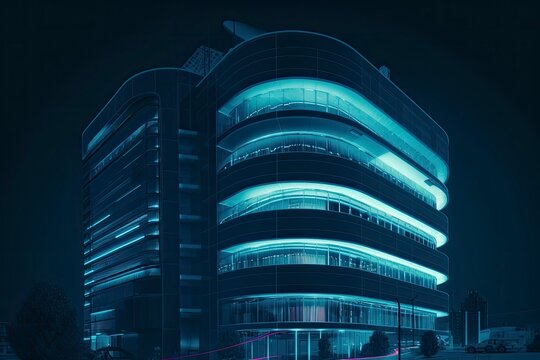 3d illustration of futuristic buildings with blue illumination. Generative ai