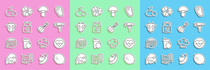 Set line Lemon, Heart rate, Carrot, Mushroom, Shopping bag with recycle, Cow head, Apple and Onion icon. Vector