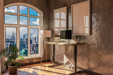 modern standing desk pc workplace in daylight downtown skyline office; home decoration desing and home office concept; 3D Illustration