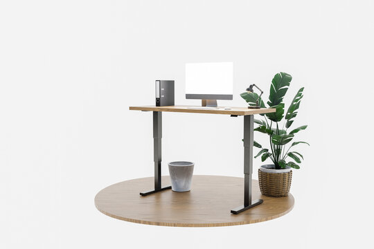 single isolated computer workspace on wooden podium with standing desk; freelance and home office concept; 3D Illustration