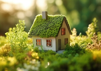 Fototapeta na wymiar Eco model of house as symbol on sunny forest background, AI Generated