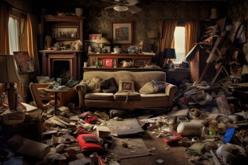 The interior of the living room of a once cozy house is incredibly cluttered with a variety of garbage, ai tools generated image