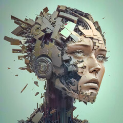 Futuristic robot - woman, destruction and fragility. Generative AI