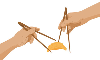 Hands with chopsticks reach gyoza dumpling. Michelangelos fresco creation of Adam motif. Divine asian food concept. Creative poster for advertising, web design. Vector illustration.