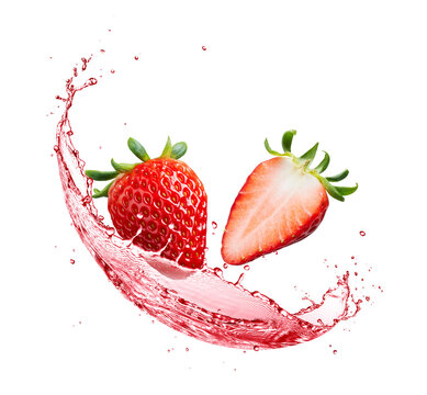 Strawberry juice splashing with its fruits isolated