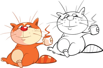 Vector Illustration of a Cute Cat . Cartoon Character. Coloring Book