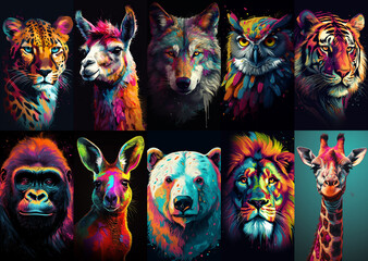 Set of beautiful closeup colorful portraits with wild animals AI generated