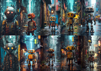 Obraz na płótnie Canvas Set of funny robots in various situation on the city streets AI generated