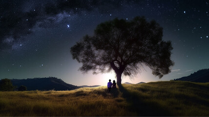 Fototapeta na wymiar Loving couple sitting under the beautiful night sky