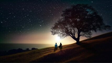 Naklejka na ściany i meble Loving couple sitting under the beautiful night sky