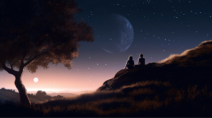 Loving couple sitting under the beautiful night sky