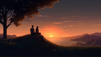Loving couple sitting under the beautiful night sky