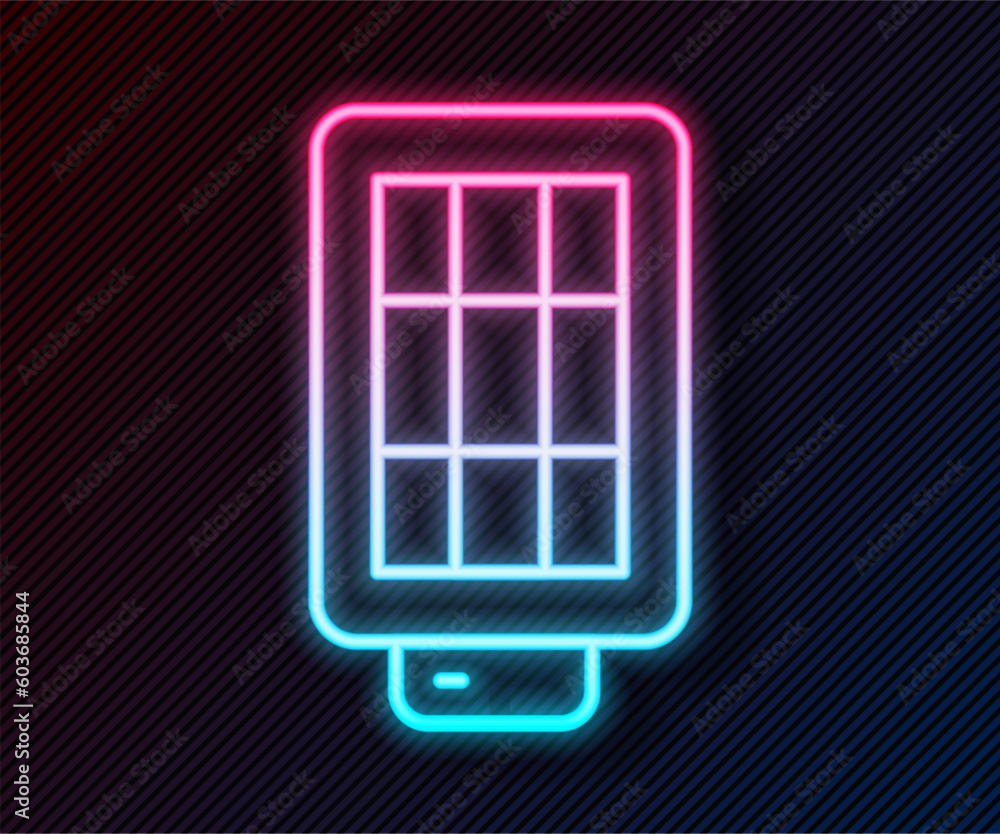 Poster glowing neon line studio light bulb in softbox icon isolated on black background. shadow reflection 