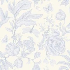 Gordijnen Seamless monochrome pattern with flowers. Wallpaper. Background with sketch flowers and birds. Retro graceful style. Design for textile, wallpaper, web, paper, invitation, cover. Floral backdrop © sunny_lion