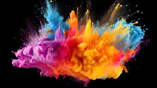 Colorful rainbow holi paint splash, color powder explosion on black background