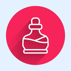 White line Bottle with potion icon isolated with long shadow. Flask with magic potion. Happy Halloween party. Red circle button. Vector