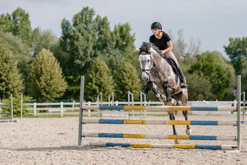 Girl on a dapple gray horse practicing jumping over a log fence in the drill hall of the equestrian...