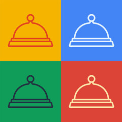 Pop art line Covered with a tray of food icon isolated on color background. Tray and lid sign. Restaurant cloche with lid. Vector
