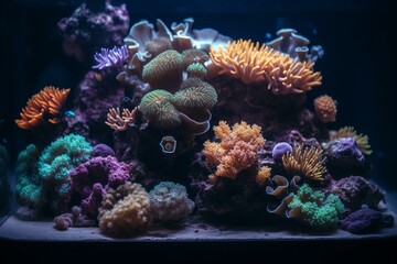 Fototapeta na wymiar An underwater ecosystem, made up of colorful and diverse aquatic life forms including coral polyps, fish and other marine species. Generative AI