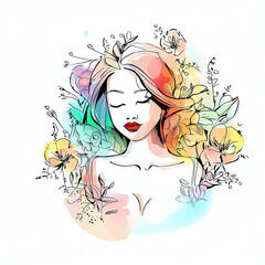Whimsical Watercolor Portrait of a Beauty Girl Surrounded by Colorful Elements, Generative AI