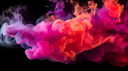 Colorful pink red rainbow smoke paint explosion, color fume powder splash, motion of liquid ink dye in wate black background