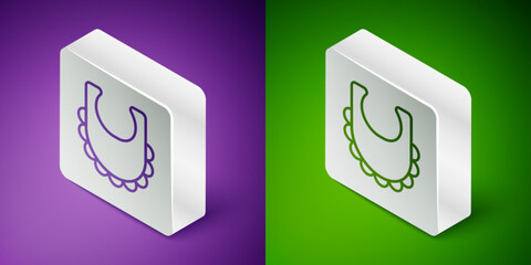 Isometric line Baby bib icon isolated on purple and green background. Silver square button. Vector