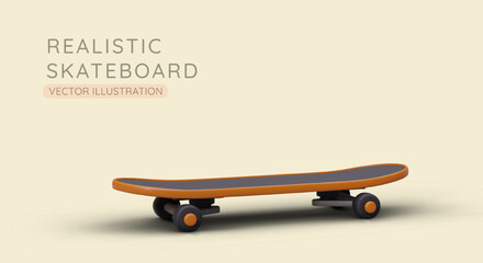 3D skateboard standing on ground. Deck is waiting for skateboarder. Realistic advertising of equipment for youth sports. Horizontal template with illustration and place for text